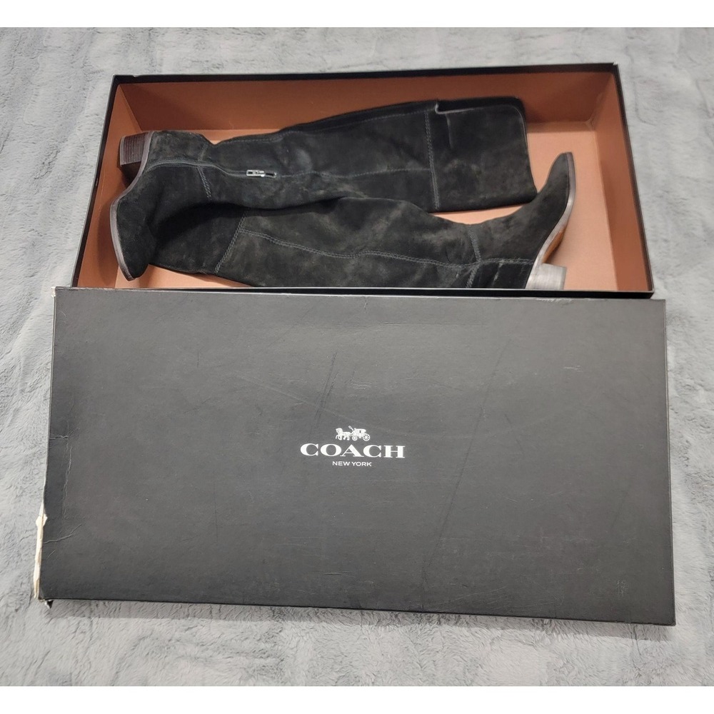 Coach Boots Womens 7 Black Lucia Split Suede Leather Over Knee Riding Zip w/ Box